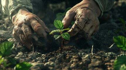 Hands of old man planting a seedling in the vegetable garden - obrazy, fototapety, plakaty