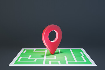 Creative map with red location pin on black background. GPS navigation concept. 3D Rendering.