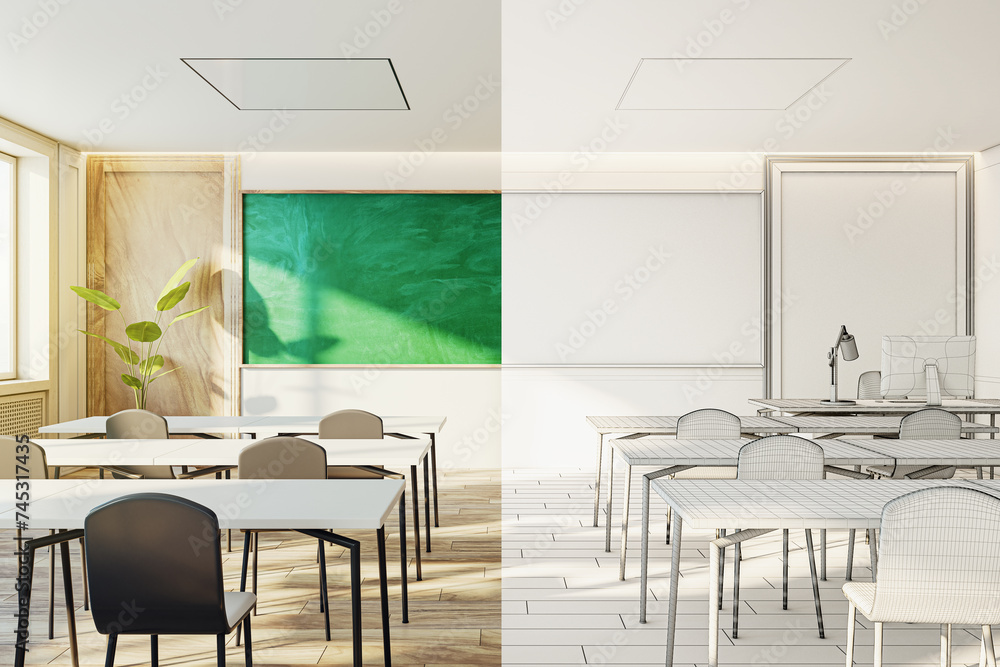 Poster half-real half-wireframe design of a modern classroom with green chalkboard and cityscape. 3d render