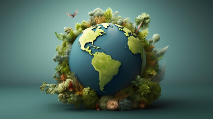 Illustration of earth surrounded by green leaves on soft blue background