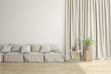 White living room with sofa. Scandinavian interior design. 3D illustration