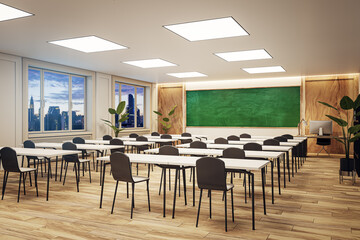 Modern classroom with large windows showcasing city skyline, green chalkboard, evening light. 3D...
