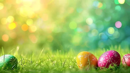 Foto op Plexiglas Colorful easter eggs on green grass with bokeh background © Катерина Спіжевска