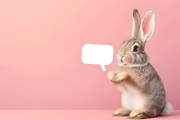 Portrait of cute bunny easter holding up empty speech bubble in studio background. - obrazy, fototapety, plakaty