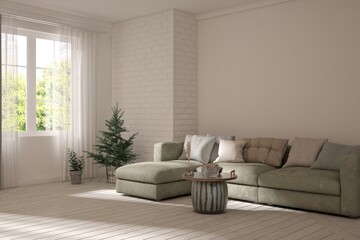 Interior design of modern apartment. Interior mockup. Scandinavian interior design. 3D illustration