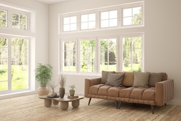 Contemporary classic white interior with furniture and decor and summer landscape in window. Scandinavian interior design. 3D illustration