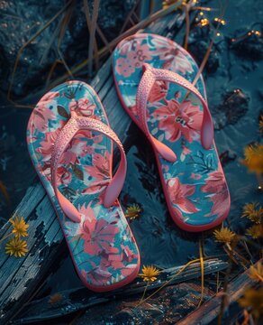 a pair of pink flip flop sandals with flowers standing next to an old wooden board
