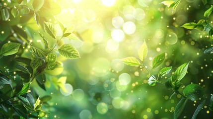 Naklejka premium A vibrant, healthy green bio backdrop featuring abstract blurred foliage, bathed in bright summer sunlight