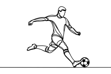 Fototapeta na wymiar Vector drawing of a football player kicking the ball, in a linear style, on a white background.