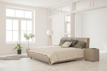 White bedroom concept. Scandinavian interior design. 3D illustration