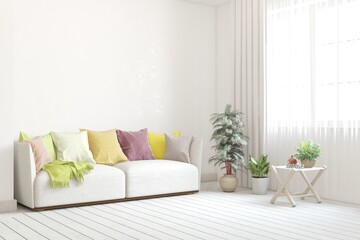 White living room with sofa. Scandinavian interior design. 3D illustration