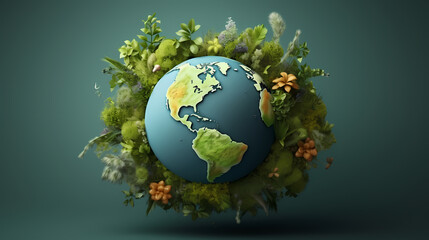 Illustration of earth surrounded by green leaves on soft blue background