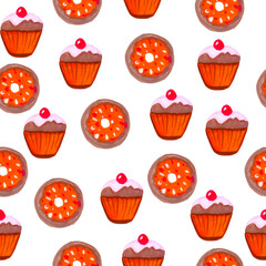 seamless pattern baking muffin with cream and donut on a white background basis for design