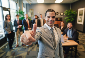 A businessman warmly welcomes a new team member in a modern office, extending a handshake, with smiling colleagues in the background. The concept conveys an atmosphere of welcome and team spirit