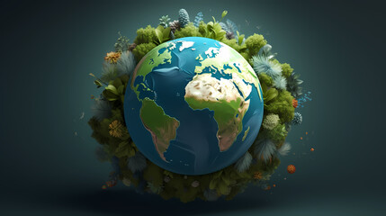 Illustration of earth surrounded by green leaves on soft blue background