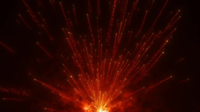 Abstract fireworks. Orange particles scattering from the center, leaving behind a trail of small glowing particles. Magic dust.