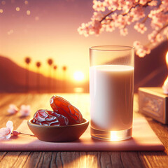 Digital rendering, Milk glass, date fruit on table, signifies Ramadan's fast end. Sunrise...