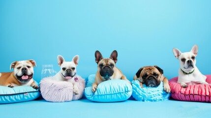 This charming image showcases a delightful lineup of bulldogs and pugs lounging on vibrant cushions, with a bright blue background that highlights their expressive faces and squishy features.