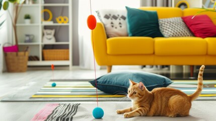 Playful Ginger Cat Eyeing a Colorful Ball on a String in a Bright and Modern Living Room Setting