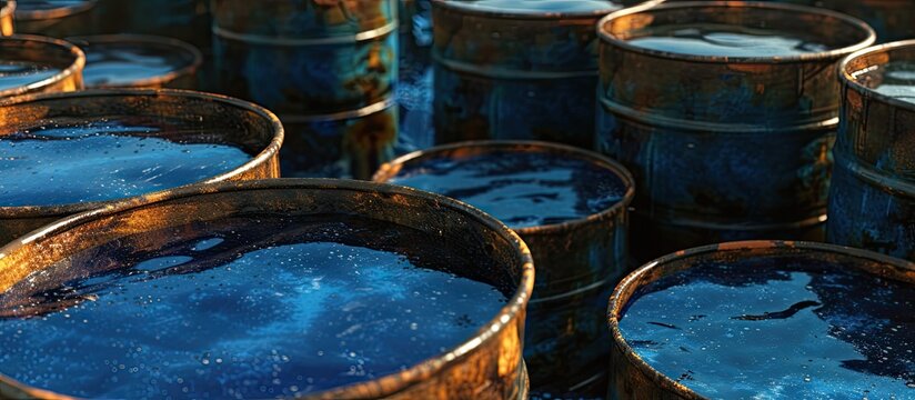 A collection of steel drums lined up in a row, each filled with bright blue metallic chemical oil. The liquid reflects light, creating a shimmering effect.