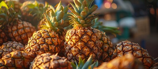A vibrant yellow and rich brown pile of pineapples sits next to each other, ready for sale. The deliciously tempting fruit is perfectly ripe, showcasing their unique textures and colors.