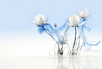 Three White Flowers With Blue Ribbons in Water