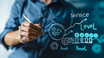 Top-tier service level and the concept of improving customer care. A businessman is sketching a rising graph with the text -Service Level.