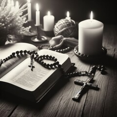 Bible with rosary beads on table in church, closeup. Religion Concept