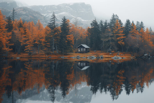Cabin on a lake shore in the northern woods