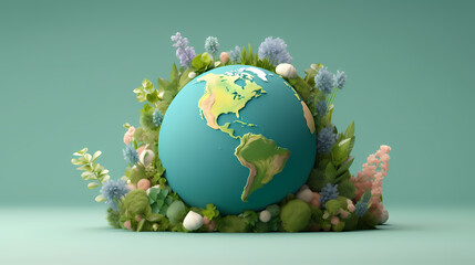 Illustration of earth surrounded by green leaves on soft blue background