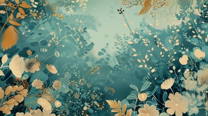 Whimsical Teal and Gold Floral Anime Scene - Minimalist Aesthetic