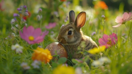 Fototapeta na wymiar a bunny inside an Easter egg, in grassy lawn full of flowers, closeup