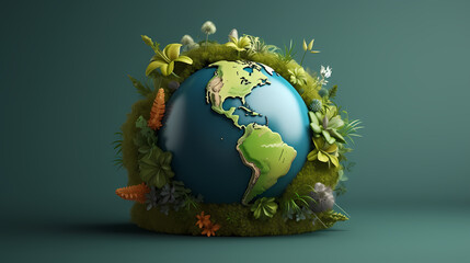 Illustration of earth surrounded by green leaves on soft blue background