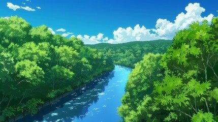 Fototapeta na wymiar Tranquil Anime River Landscape with Greenery Top-Down View