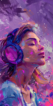 Girl Listening Music with Headphones Colorful Concept Drawing Art image HD Print 4608x9216 pixels ar1:2. Neo Modern Art V5 41