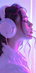 Girl Listening Music with Headphones Colorful Concept Drawing Art image HD Print 4608x9216 pixels ar1:2. Neo Modern Art V5 37