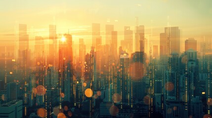 Cityscape, financial graph, rows of coins, and empty space combined in a double exposure image