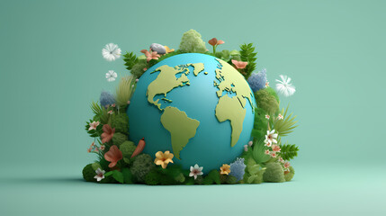 Illustration of earth surrounded by green leaves on soft blue background