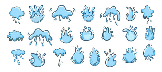 Water splashes, drops set. Droplets, splatters, fresh clean fluids, sprays. Water design elements, icons. Flat vector illustrations isolated on transparent background.