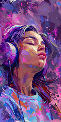 Girl Listening Music with Headphones Colorful Concept Drawing Art image HD Print 4608x9216 pixels...