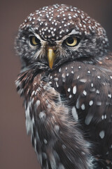 A grumpy small owl sitting on a branch in a bird park, not looking impressed at all. Staring at the...