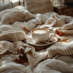 Fototapeta na wymiar autumn leaves, cup of coffee and knitted scarf on bed