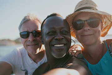 Obraz premium Holiday Bliss: Group Portrait of Mature Friends of Different Races, Traveling Together