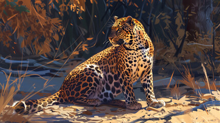 A leopard is sitting on the ground under the sun