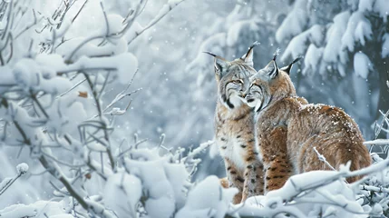 Zelfklevend Fotobehang A loving couple of lynxes in the winter animal wildlife © Data