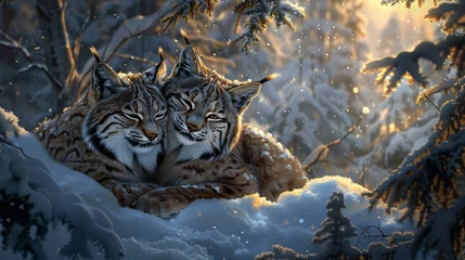 Fotobehang A loving couple of lynxes in the winter animal wildlife © Data