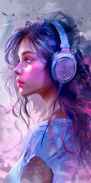Girl Listening Music with Headphones Colorful Concept Drawing Art image HD Print 4608x9216 pixels ar1:2. Neo Modern Art V5 15