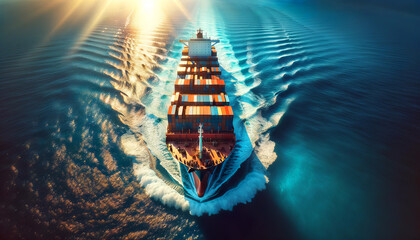Aerial view of a large cargo ship cutting through the blue ocean, creating a V-shaped wake as the sunlight glistens on the water's surface. Transport of containers concept. AI generated. - obrazy, fototapety, plakaty
