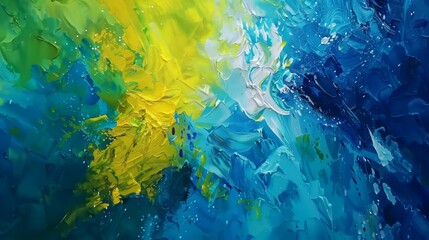 Vibrant abstract art: stunning yellow paint swipe amidst blue and green

