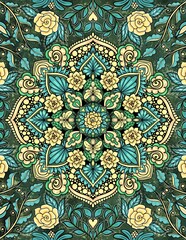 Colored mandala art, yellow and green mandala painting, ornamental background	